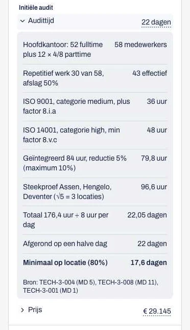 De rekenstappen achter de audittijd van een initiële audit, met bij elke stap de bron.