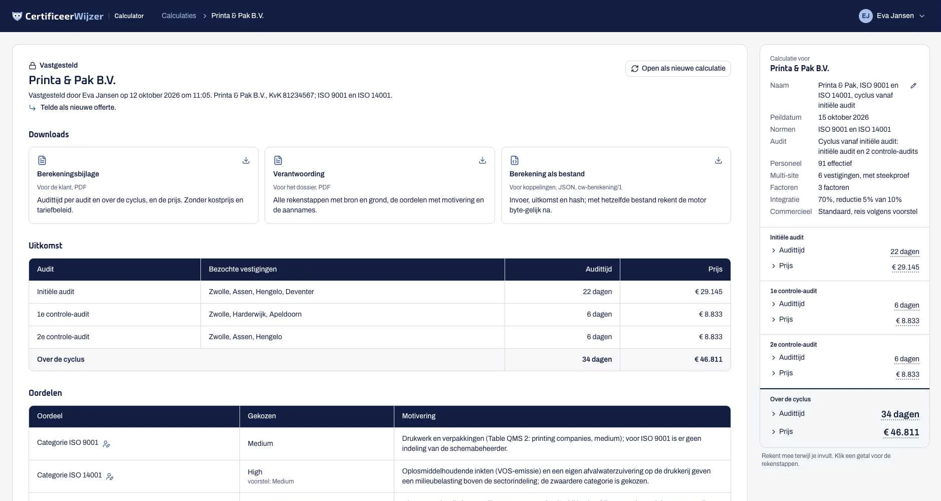 Een vastgestelde calculatie met de stukken om te downloaden, de uitkomst per audit en de oordelen met motivering.